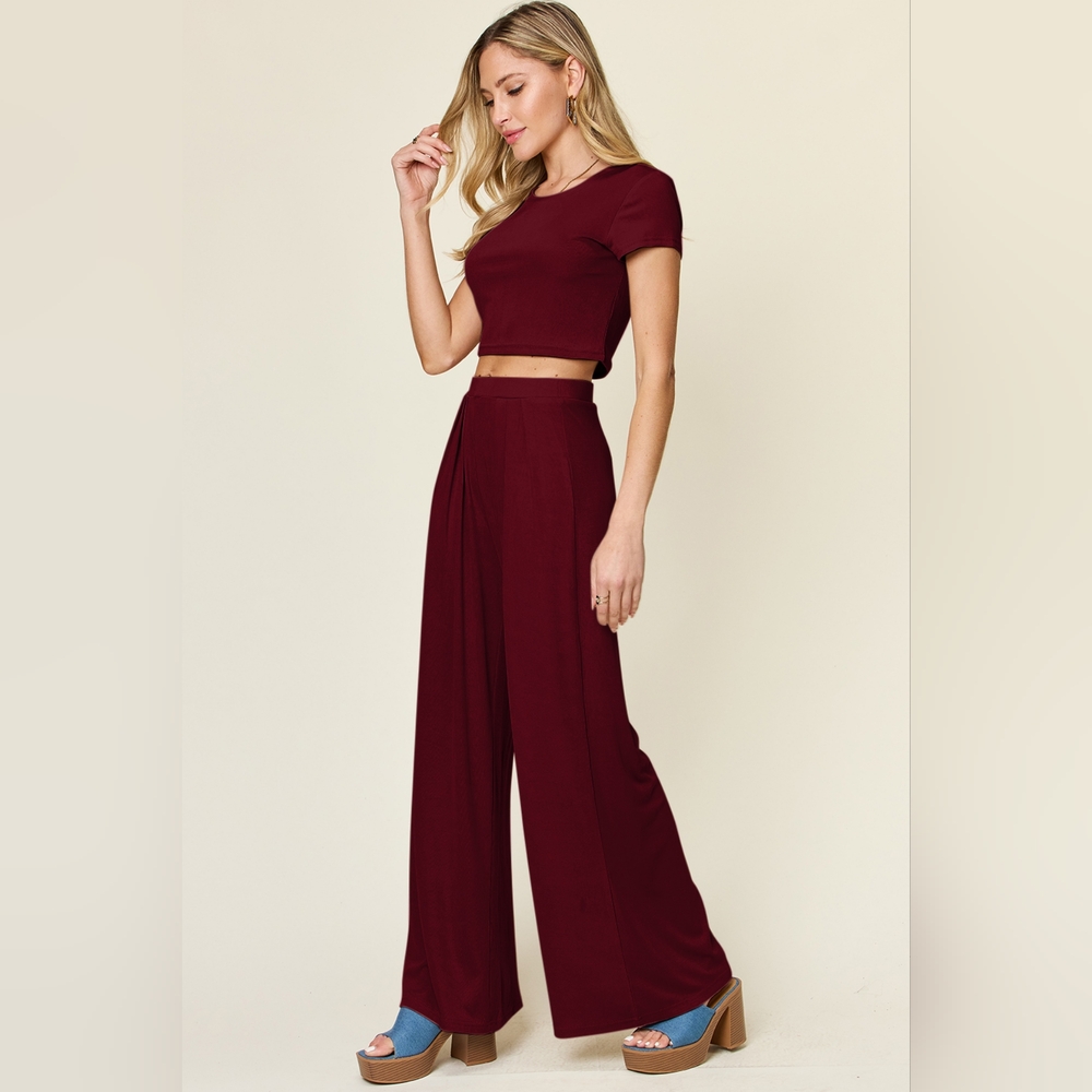 Double Take Full Size Round Neck Top and Pants Set In Cerise Color